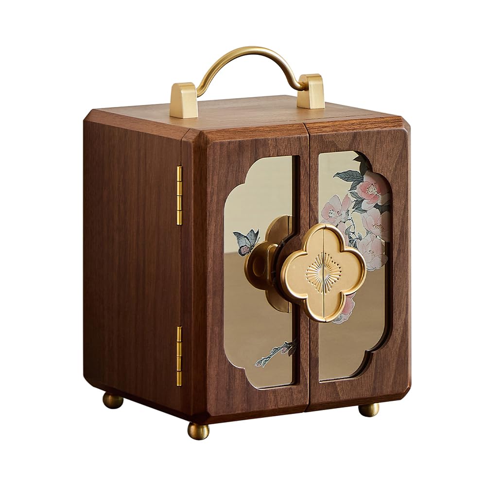 Wenseny Black Walnut Jewelry Organizer - Wooden Jewelry Box with Gold Handle & Mirrored Flowers, 4 Layers of Storage - Ideal for Women (Brown)