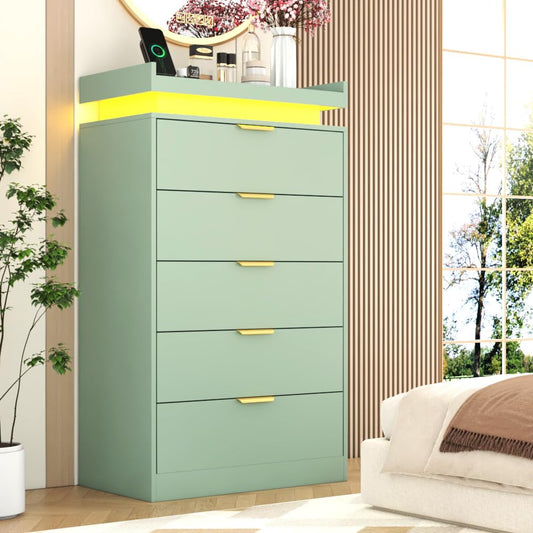 knoworld Tall Dresser for Bedroom, Dresser with LED Lights, Wood 5 Drawer Chest with Power Outlet, Modern Chest of Drawers for Bedroom, Living Room, Entryway, Hallway, Green