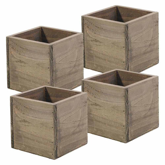 Wood Planter Box, 5 Inch Square, Rustic Barn Wood, Plastic Liner, Garden Centerpiece Display, Wedding Flowers Holder, Home and Venue Decor, (Set of 4)