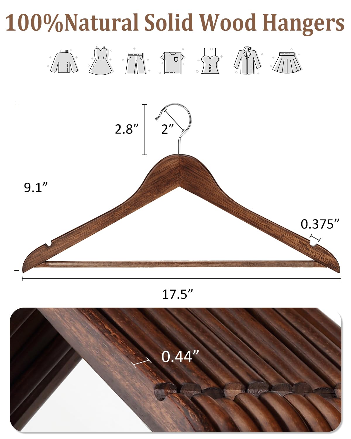 AMKUFO Wooden Hangers 20 Pack Wood Suit Hanger Non Slip Coat Hangers with Smooth Fnish Cut Notches 360° Swivel Hook Clothes Hangers for Jeans Pants Jackets Shirts Dresses, Walnut