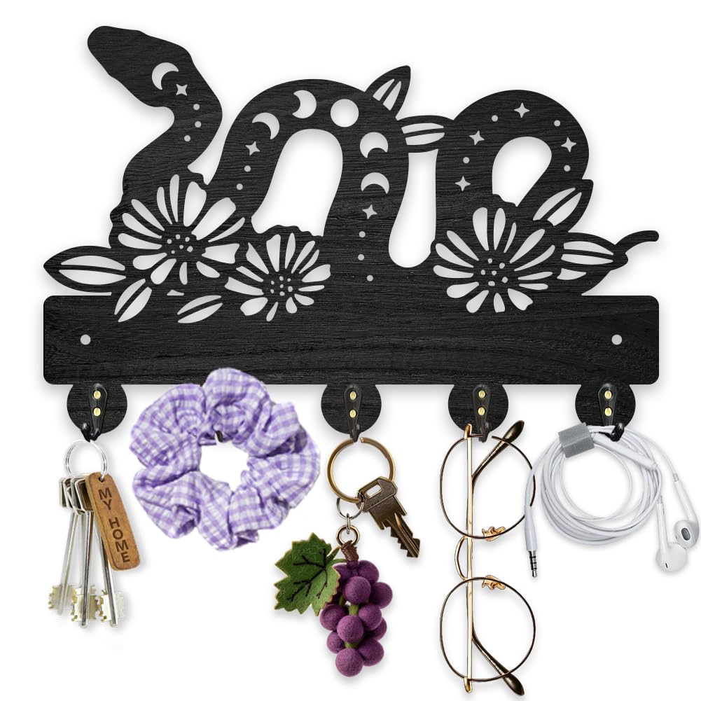 MAYJOYDIY Wooden Snake Moon Phase Key Holder for Wall 11.8x7.8inch Flower Snake Animal Key Rack Magic Animal Key Hanger 5 Alloy Hooks for Entryway Front Door Hallway Wall Art Decoration