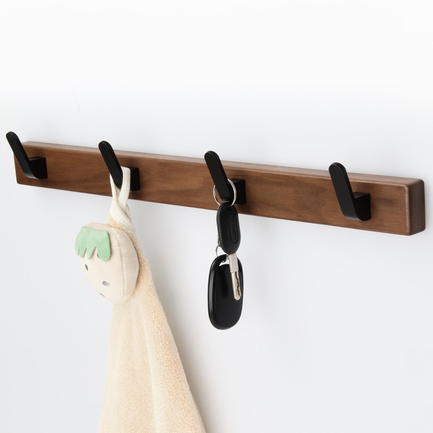 IURRDOP 17 Inch Walnut Wood Wall Mounted Coat Rack with 4 Black Hooks, Adhesive Mounted Entryway Hooks, Modern Natural Wooden Pegs for Hanging Coat Clothes Hat Bag Purse Key and Towel
