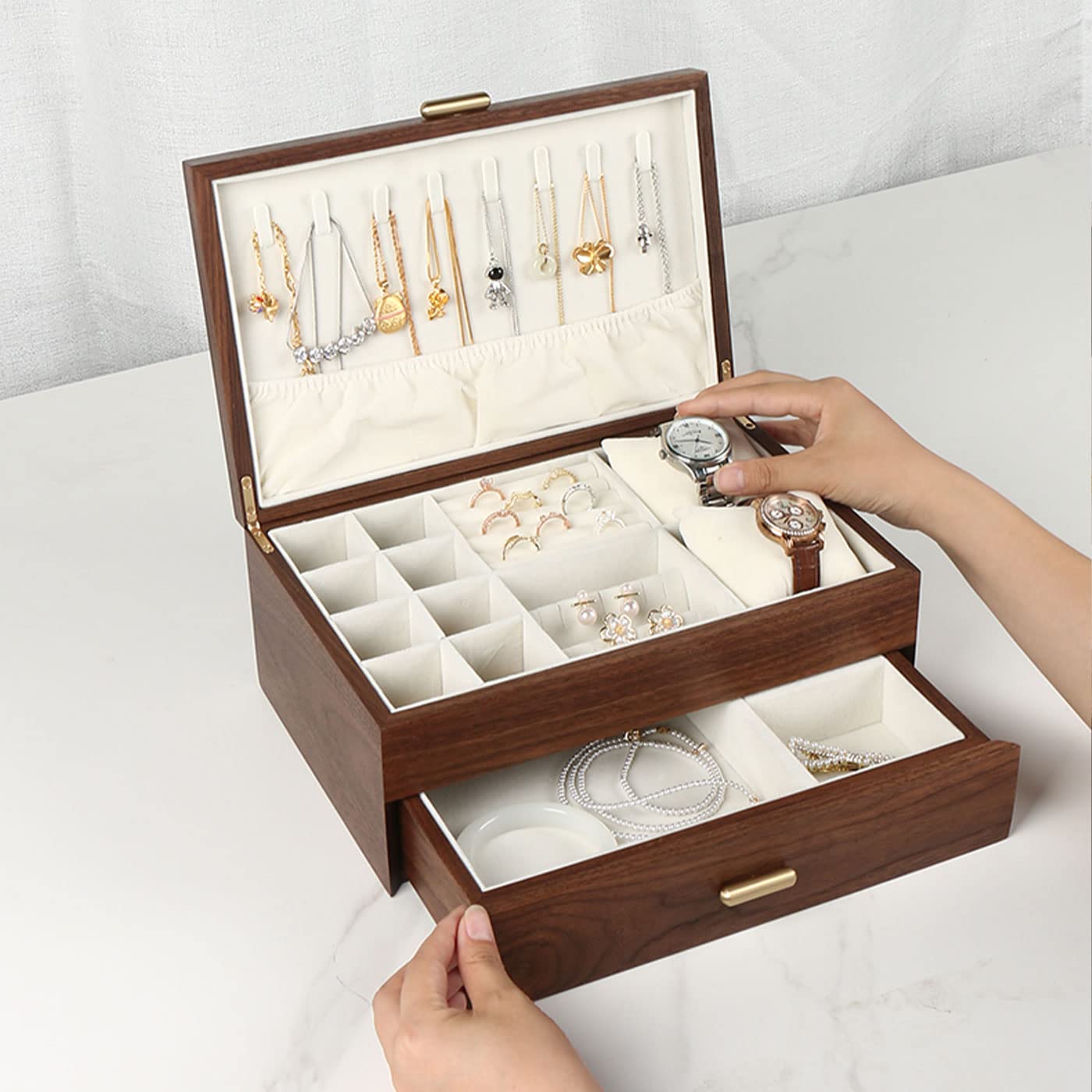 IRIVER BLANK High-end Solid Wood Jewelry Storage Box Ladies Retro Wooden Necklace Jewelry Bracelet Watch Display Box Handmade Wedding Birthday Anniversary Jewelry Collection Box(Double Layer)