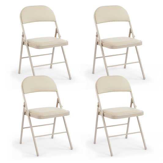 DUMOS 4 Pack Leather Padded Folding Chair, Indoor Outdoor Portable Stackable Commercial Seat with Steel Frame, Capacity for Home, Office, Party, Comfy, Kahki