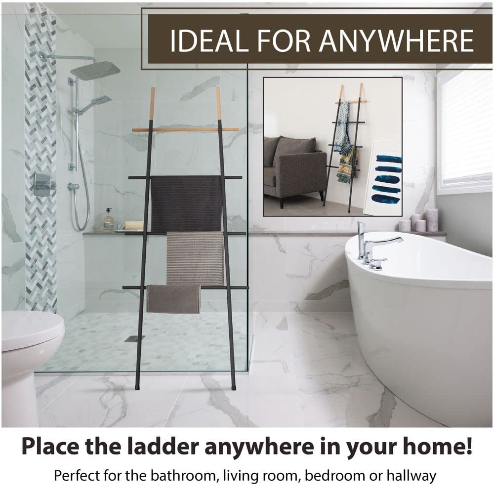 Freestanding Towel Ladder Rack, Space Saving, No-Scratch Wood, for Household Use (Black)