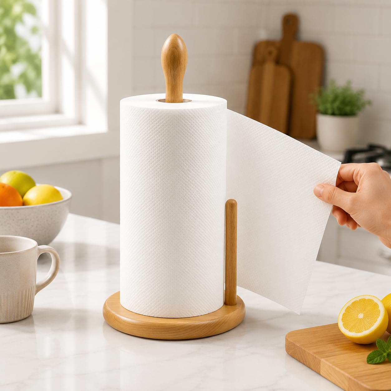 JURHSDEGD Wooden Paper Towel Holder – Weighted Wide Base, Fits Jumbo & Standard Rolls, One-Hand Tear, Kitchen Countertop Organizer