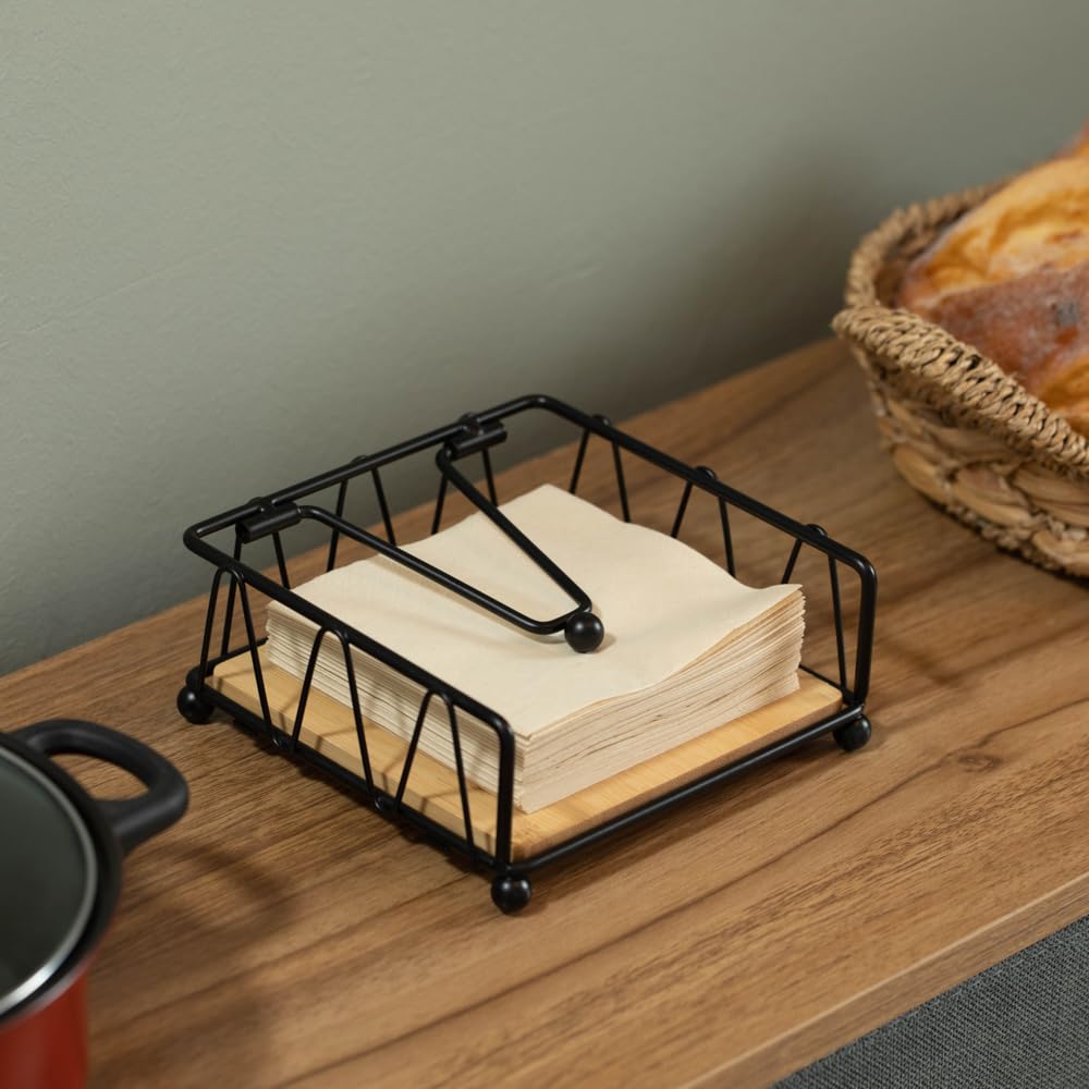 Flat Metal Square Napkin Holder with Weighted Arm and a Wooden Tray Perfect for Adorning Dining Table, Kitchen Countertop and Napkin Holder for Bathroom also Good for Outdoor Table at Restaurant
