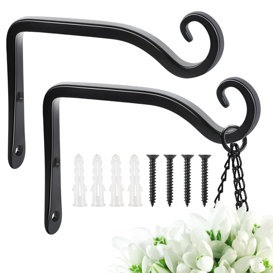 FEED GARDEN Heavy Duty Plant Hooks - 2 Pack 6 Inch Wall Mounted Hanging Brackets, 44lb Capacity Steel Plant Hangers for Bird Feeders, Baskets, Wind Chimes - Black