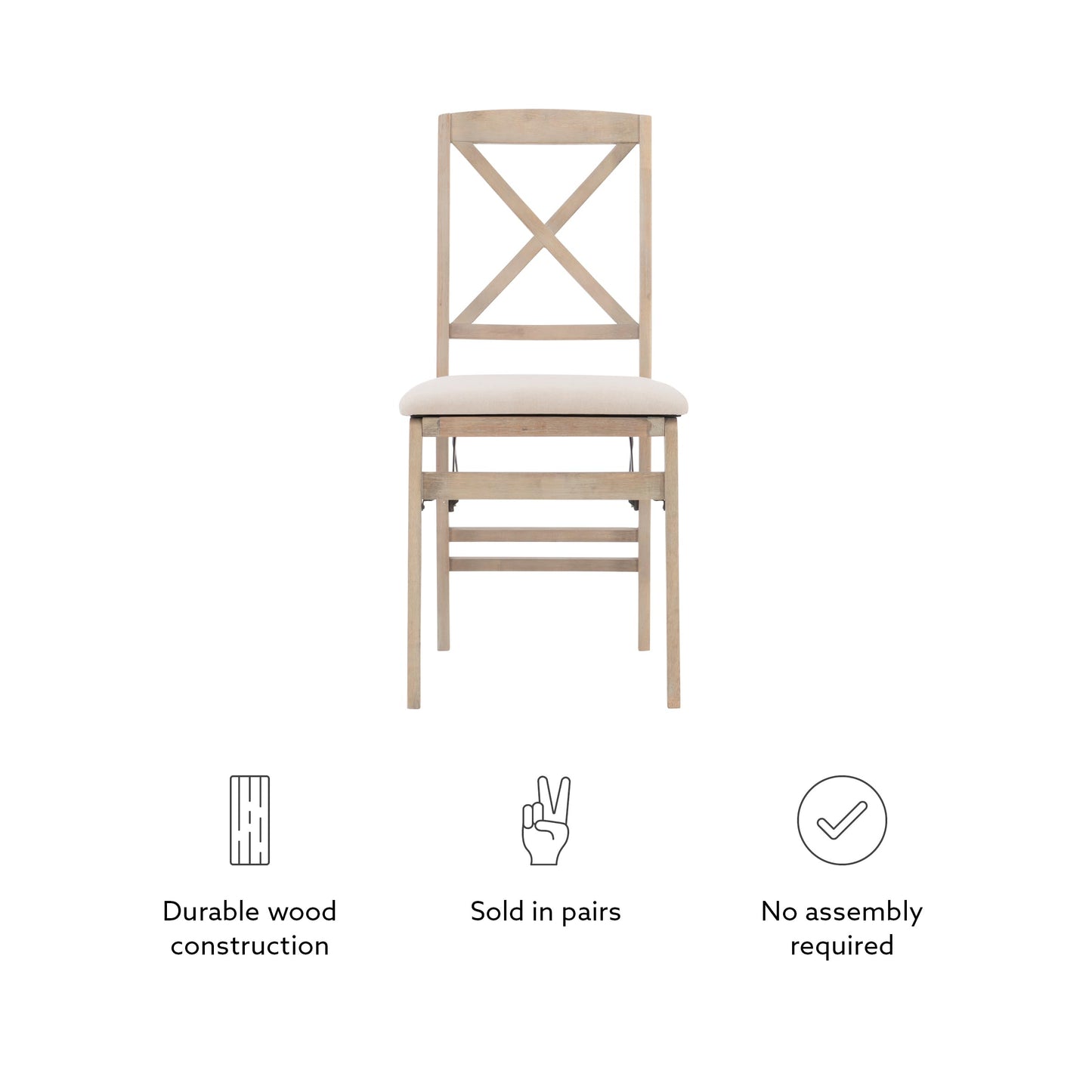 Keira Grey Wash Wooden Folding Chair with Beige Upholstered Seat and Classic Wooden X Back by Linon