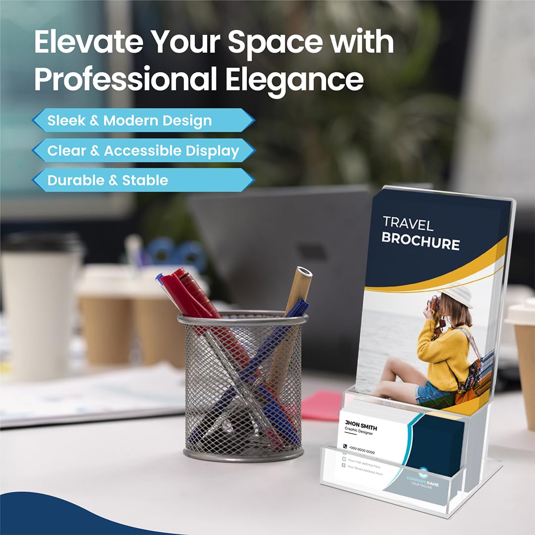Stazilix 2 Pack Acrylic Brochure Holder Stand 4‘’, Clear brochure and business Rack Card Holder Stand, Plastic Flyer Display Stand for Magazine, Pamphlet, Booklets, Menu, Journals, Business Card