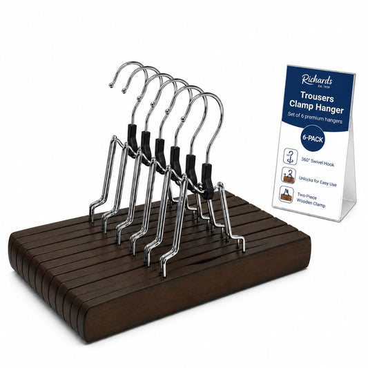 Richards Wooden Pants Hangers - Wood Skirt Hangers - 6 Pack - for Men Shorts and Pants and Women Dress Clothes - Non Slip Slim Closet Space Saving- Walnut