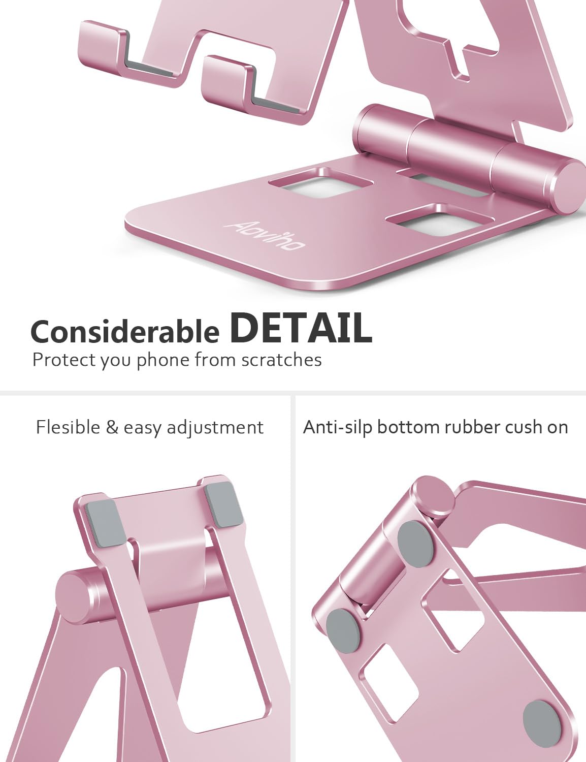 Aoviho Foldable Cell Phone Stand for Desk, Adjustable Phone Holder for Office, Video Calls and Streaming, Portable Desktop Phone Dock Compatible with iPhone 17 16 15 14, Samsung Galaxy, Pink
