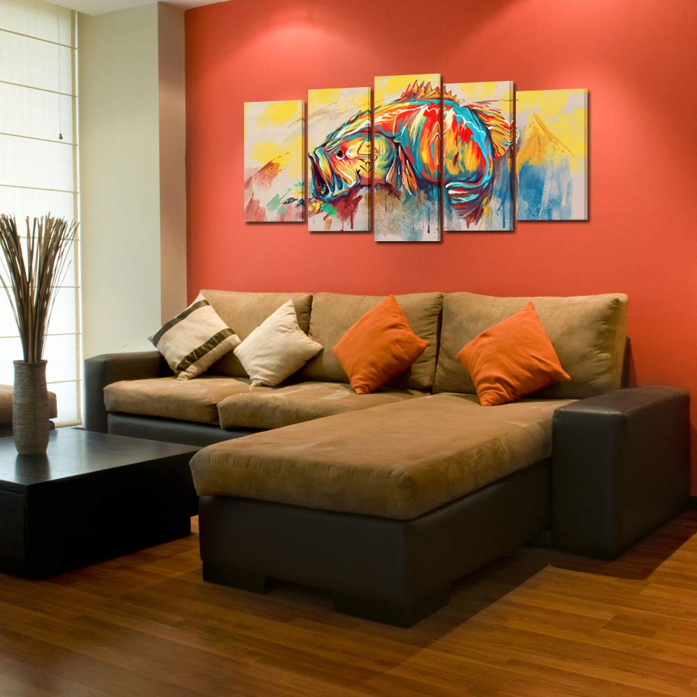 KREATIVE ARTS 5 Piece Canvas Wall Art for Living Room Large Mouth Bass Fish Paintings Giclee Artwork Modern Home Decor Wooden Framed Poster and Prints Ready to Hang (Large Size 60x32inch)