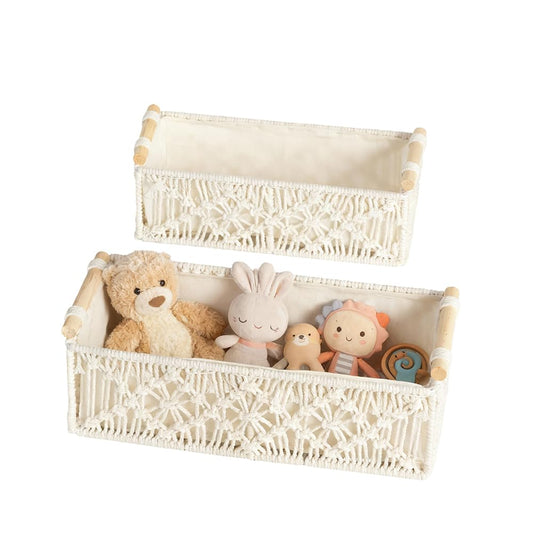 WINDAWNKE 2 Pack Macrame Storage Baskets Boho Decor Style Storage Boxes, Toilet Paper Basket with Wood Handles for Home Bedroom Decor (Rhombus)