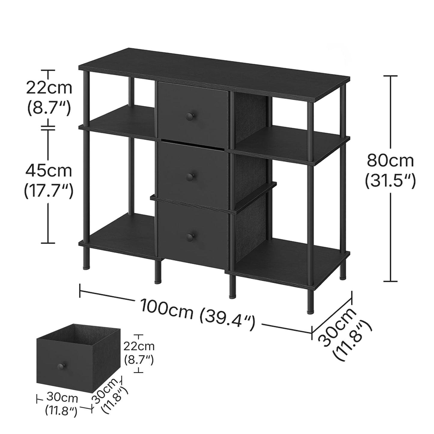 YATINEY TV Stand with 3 Fabric Drawers, Tall TV Stand, 3-Tier Media Console Table with Wooden Shelves, Entertainment Center, for Bedroom, Living Room, Home Office, Black DS15BB