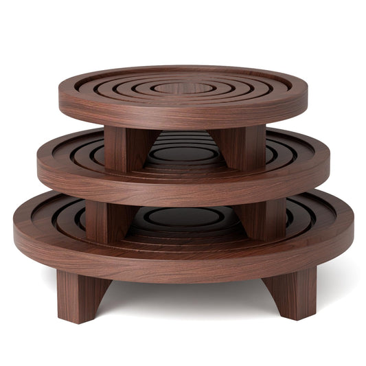 JAZUIHA 3-Pack Plant Stand Indoor, Wood Round Pedestal Riser 6.69/8.66/10.23" Solid Wooden Plant Stool & Pot Holder, Decorative Display for Living Room, Bathroom, Kitchen & Home Decor (Dark Brown)
