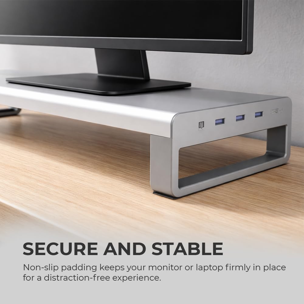 OTM Essentials Aluminum Monitor Stand with 4 USB Ports, Non-Slip Padding & Tilted Surface, Slim Computer Monitor Riser for Laptop, PC & Gaming Desk Organizer, Silver Finish for Home & Office Setup