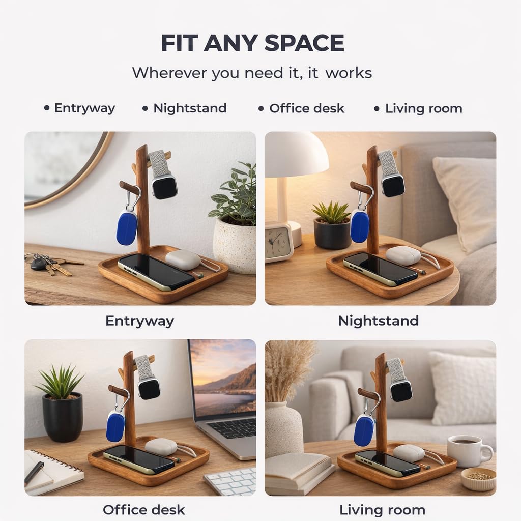 E-ROOM TREND Acacia Wood Key Tray for Entryway Table, Wooden Catchall Organizer with Jewelry Storage Rack, Valet Tray for Keys Wallet Watches Sunglasses Rings(Square)