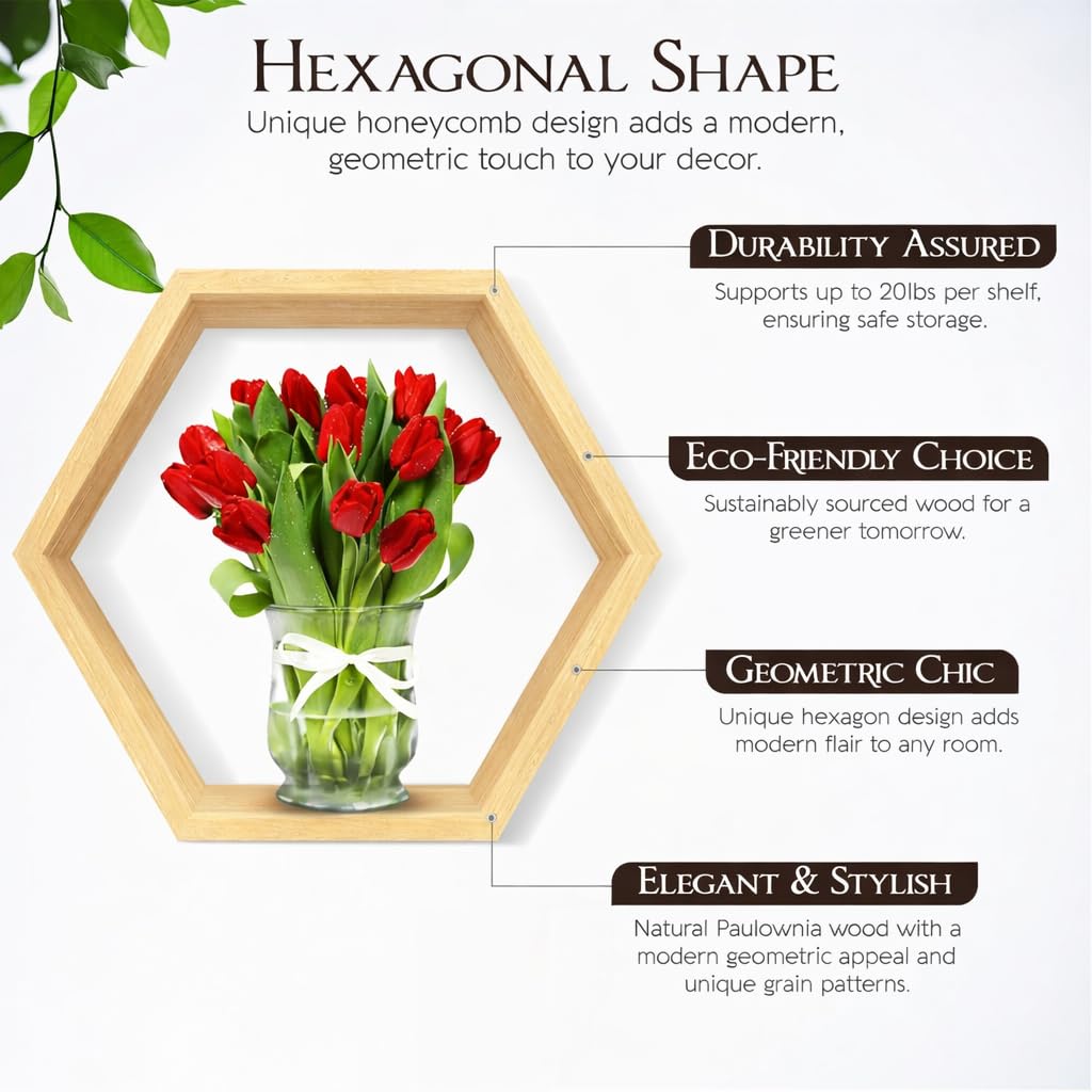 Decovate Hexagon Floating Shelves Set of 6 Honeycomb Shelves for Wall, Wooden Hexagon Shelves for Farmhouse Storage. (Natural Wood)