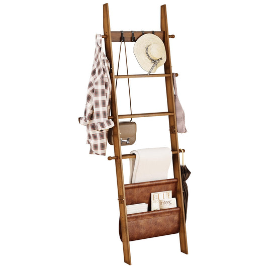 ELYKEN Blanket Ladder for Living Room, 5-Tier Wooden Towel Rack with Synthetic Leather Pocket, 4 Removable Hooks, Decorative Leaning Ladder Shelf for Bedroom, Walnut
