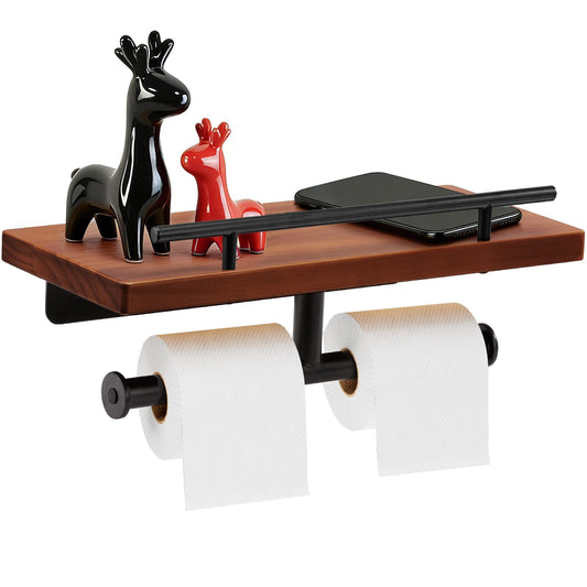 Toilet Paper Holder with Wood Shelf, Wall Mount Toilet Paper Roll Holder with Wooden Shelf and Matte Black Stainless Steel Pipe, Tissue Roll Holder for Bathroom Washroom (Dark Brown, 13.8'' x 5.9'')