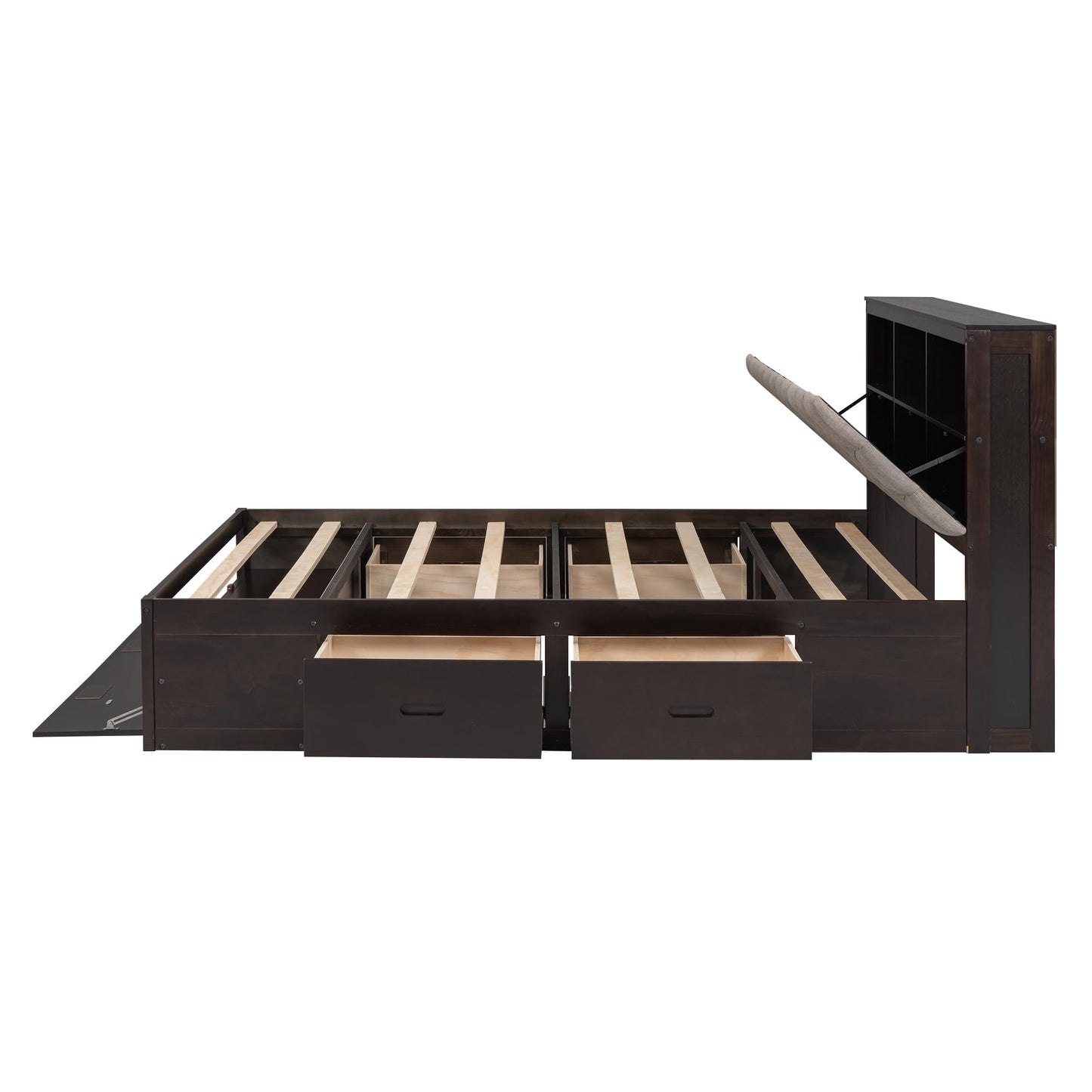 GDFStudio Boden Queen Size Upholstered Headboard, Queen Size Platform Bed with Storage Headboard, Wooden Bed Frame with Shoe Rack and Organizer Drawer, Ample Storage Shelves and 4 Drawers, Espresso