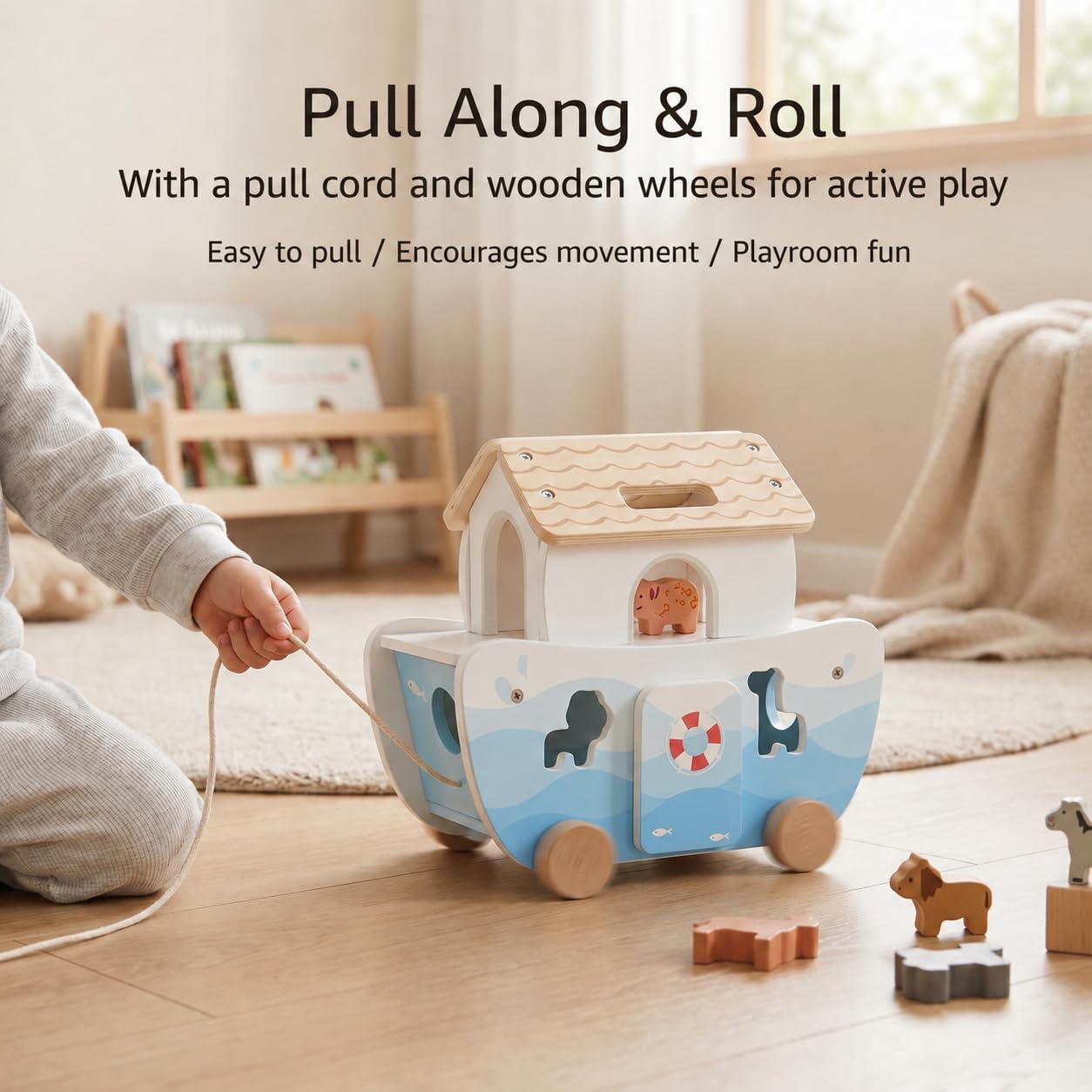 Thirrni Wooden Noah’s Ark Toy for Toddlers 1-3, Montessori Animal Shape Sorter with 8 Pairs of Animals, Noah Figures, Rainbow, Ladder and Lacing Rope, Baptism Birthday Christian Gift for Boys Girls