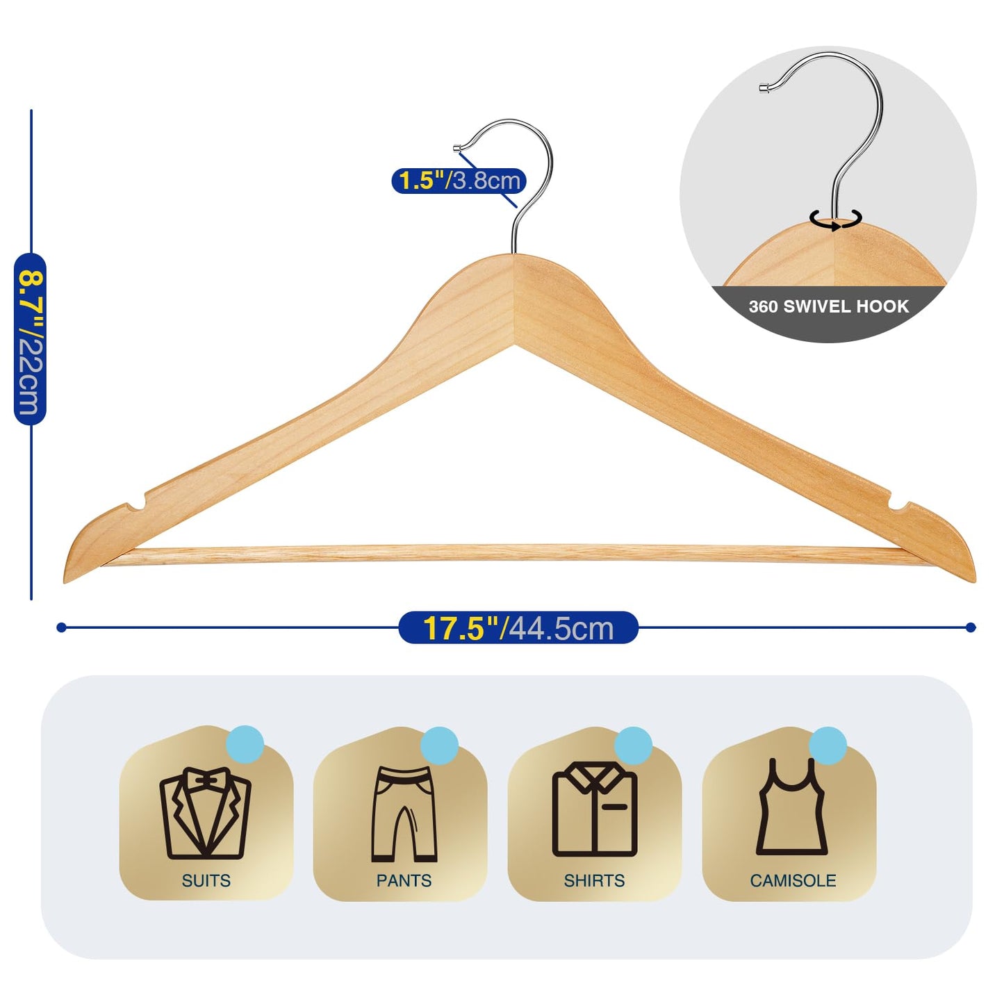 Korpai 30 Pack Wooden Hangers,Wooden Clothes Hangers with Smooth Pant Bar and Shoulder Notches,Heavy Duty Hangers with 360-Degree Rotatable Hook, Coat Hangers for Coats,Shirts,Dress,Pants,Natural