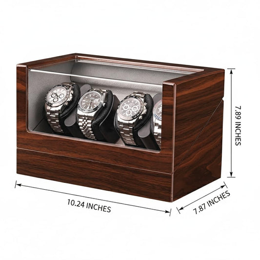 Mineesi Watch Winder for Automatic Watches, Dual Motor Super Quiet Automatic Watch Box for 4 Watches, Type-C Powered, Piano Gloss Finish- (Black Walnut)