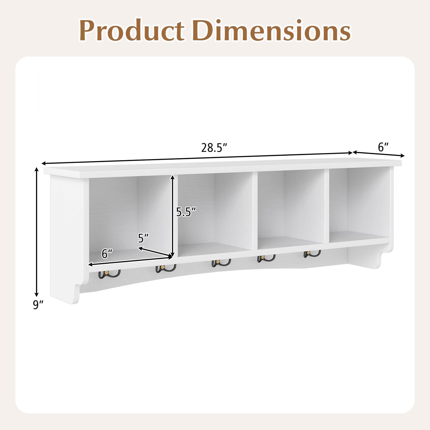 Giantex Wall Mounted Coat Rack, 28.5'' Wooden Floating Shelf with 4 Cubbies & 5 Double Hooks, Modern Space-Saving Storage Display Organizer for Entryway, Hallway, Mudroom (White)