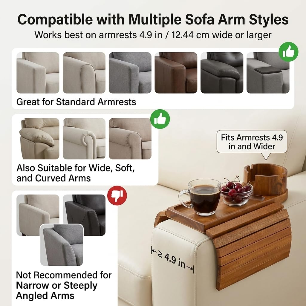 NSS ESSENTIALS Acacia Wood Couch Arm Tray Table with Cup Holder - Flexible Sofa Armrest Tray for Drinks, Snacks & Remote - Natural Wooden Sofa Side Table for Couch, Recliner & Armchair, Natural Wood