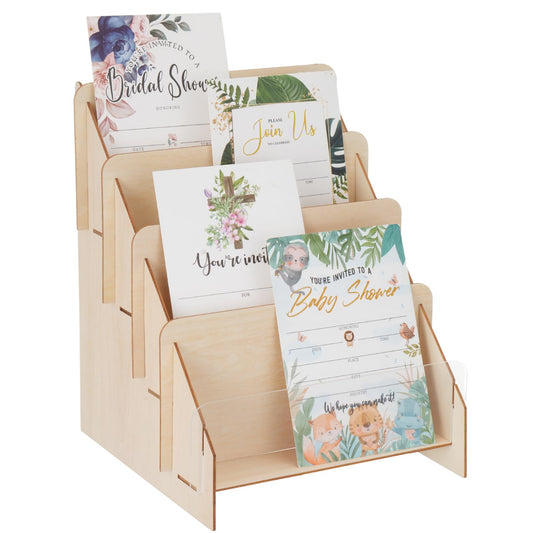 MegoSage 4-Tier Wooden Sticker Display Stand,Tiered Display Stand, Sticker Organizer Rack for Stickers, Greeting Cards, Postcards, Brochures, Photos & Jewelry, for Retail Counters and Vendor Events
