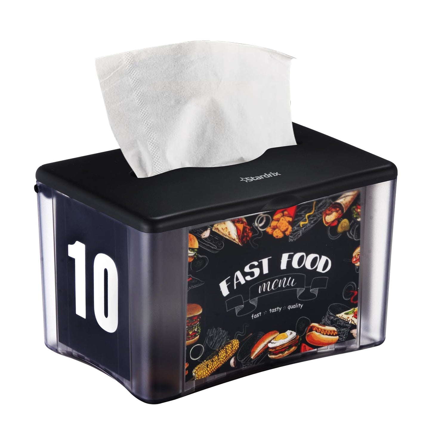 Stardrix Interfold Tabletop Napkin Holder, Spring Loaded Commercial Restaurant Napkin Dispenser with 4-Sided Marketing Insert Display, Easy-Access Black Napkin Dispenser for Counters & Tables
