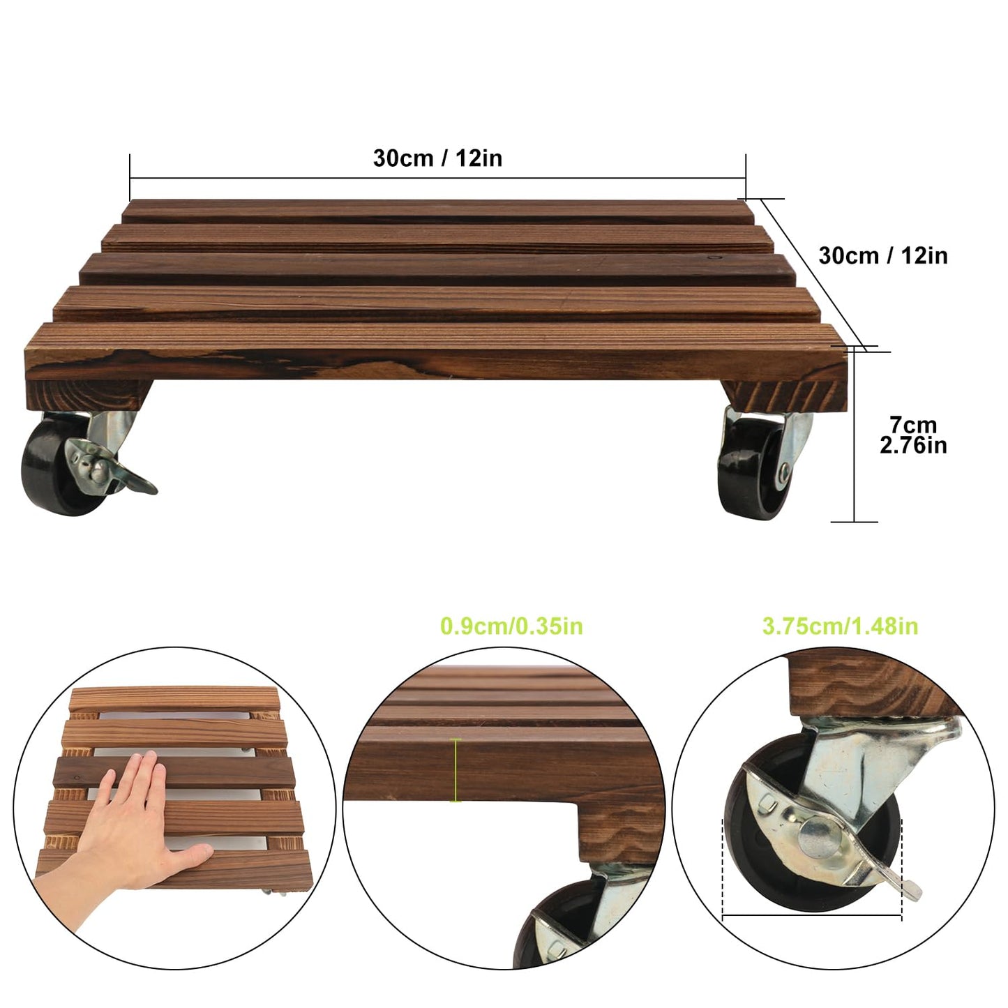 Yiksonyo 12 Inch Wooden Plant Caddy with Wheels, 4 Pack Rolling Plant Stand, Heavy Duty Indoor Outdoor Use, 360° Lockable Casters, Brown, Supports 132 lbs