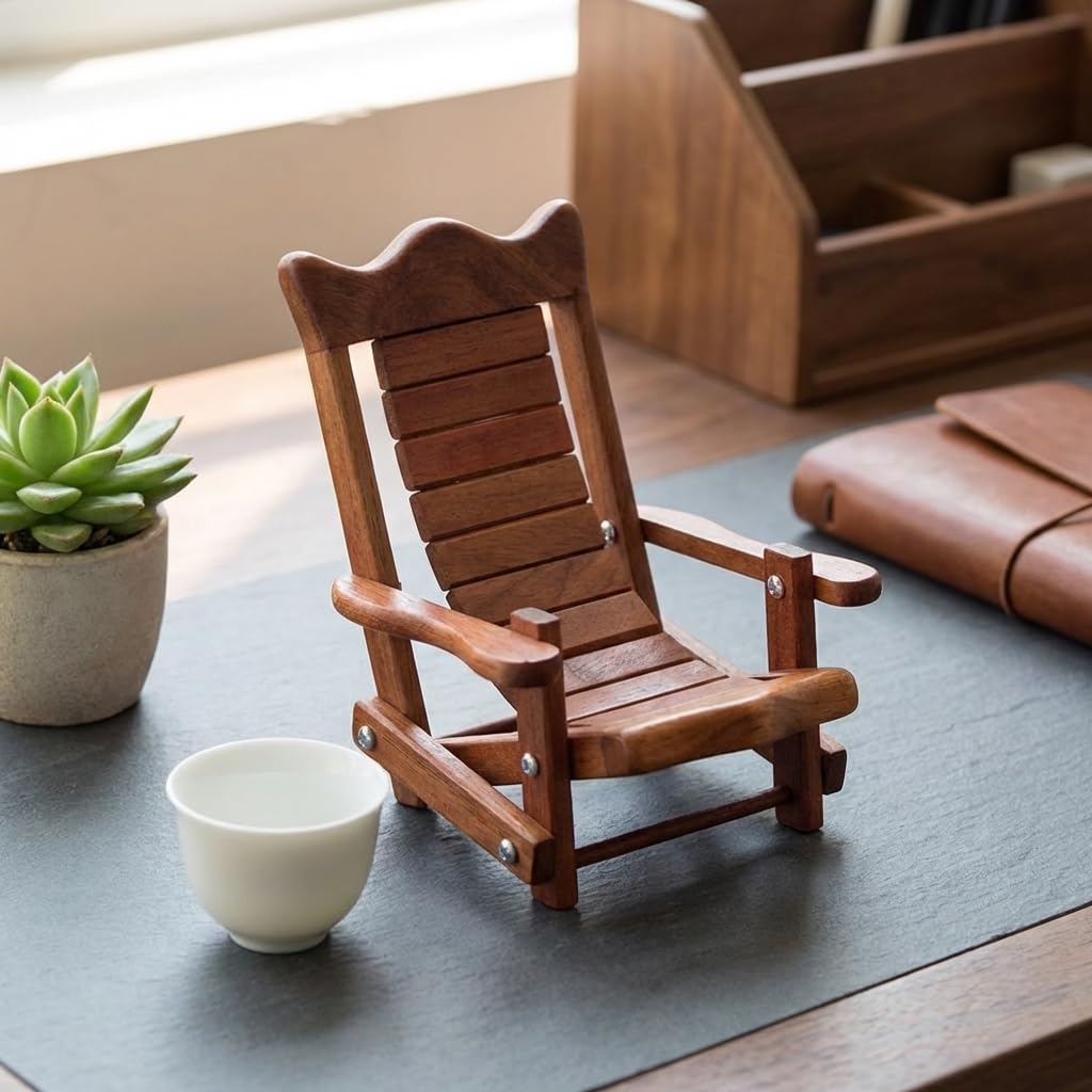 NIYOEHH Miniature Wooden Chair Phone Stand, Foldable Desktop Holder, Creative Universal Cell Phone Support, Wood Material