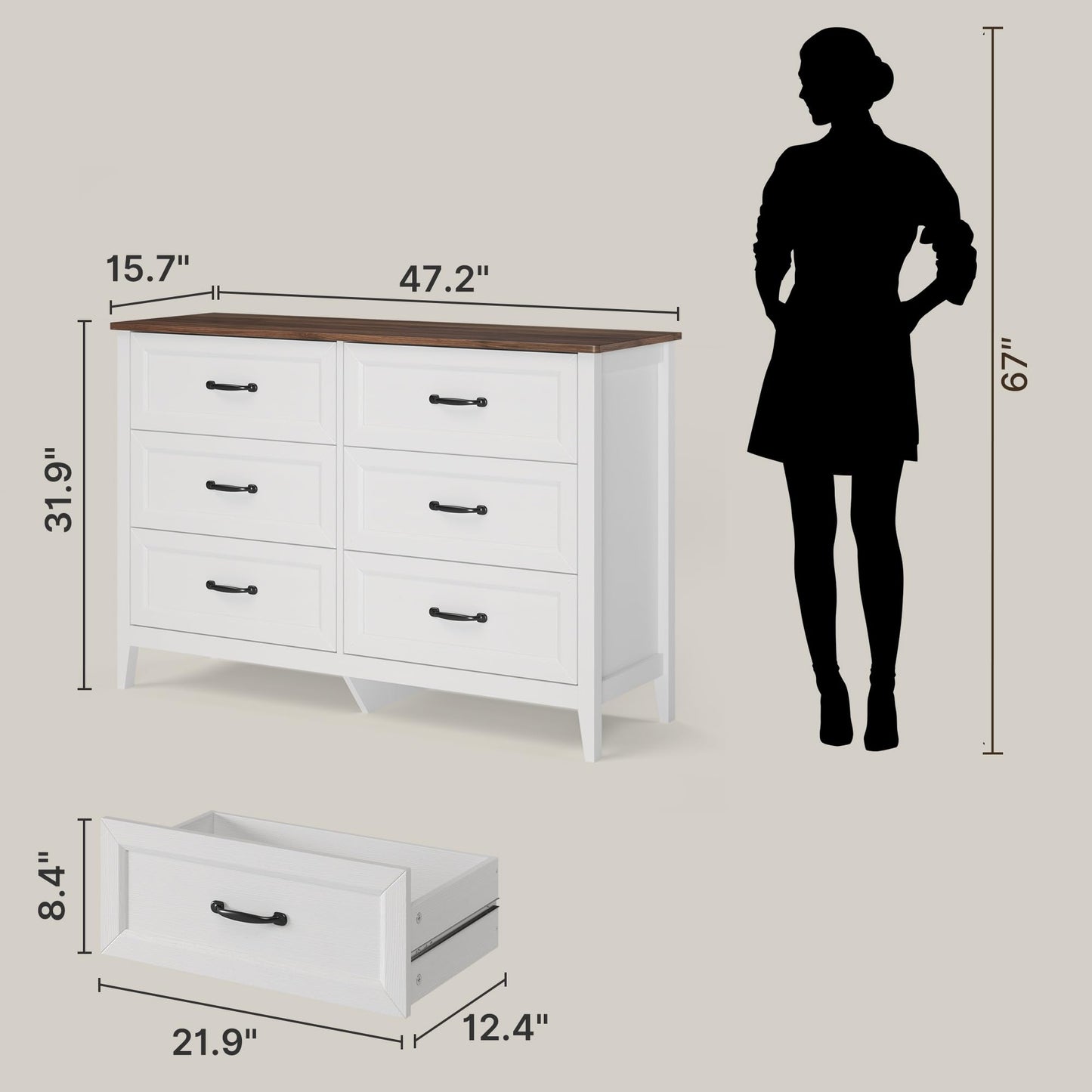 Gizoon 47.2" W Dresser for Bedroom, 6 Chest of Drawers, Modern Drawer Dresser, Wood TV Stand for Living Room, with Smooth Rail, Metal Handles, Anti-tip, Hallway, Retro
