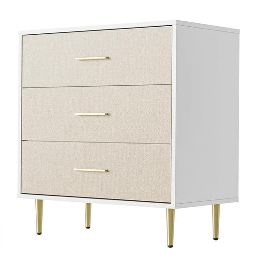 Garvee White Dresser, Modern 3 Drawer Dresser for Bedroom with Gold Handle and Legs, Wooden Nightstand with Linen-Textured Surface, Narrow Accent Cabinet End Table for Living Room, Hallway, Entryway
