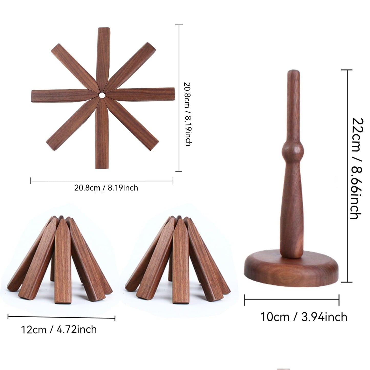 Wooden Tree Trivets for Hot Dishes, Tree Coasters Set for Hot Pot, Bowl, Teapot – 3 Wood Trivets + 1 Stand (Black Walnut, Color Box)