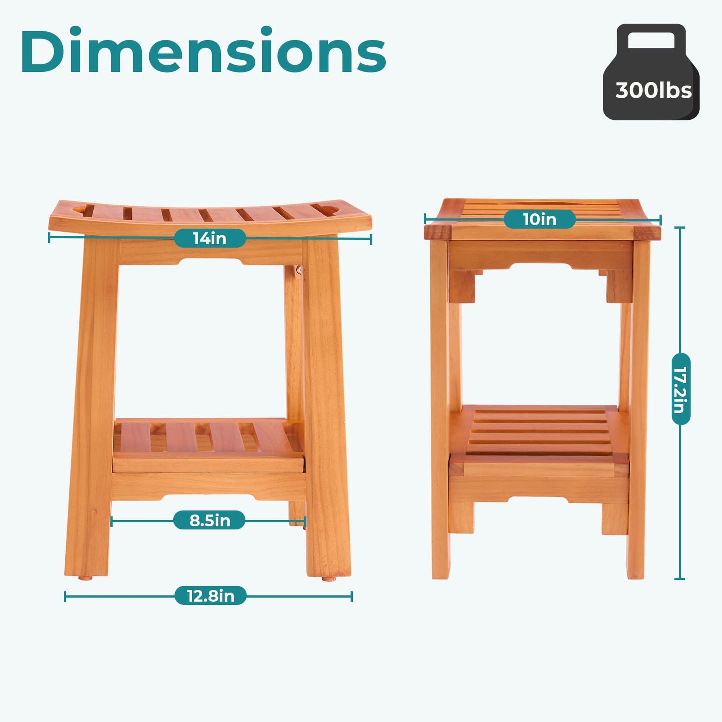 OLIXIS 14" Wooden Shower Bench, Waterproof Shower Stool for Shaving Legs, Bathroom Chair with Storage Shelf & Handles, 300 LBS Capacity Showering Seat for Senior, Adult, Disabled & Elderly