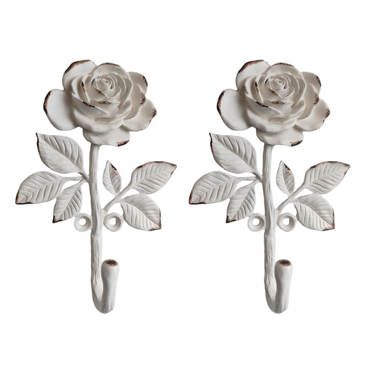 6 Funpop: 2 Pieces of White Blossoming Rose Wall Hooks, Heavy-Duty Metal Decorative Wall Hooks for Hanging Coats, Bags, Towels. Flower Ornate Style for Home Decor