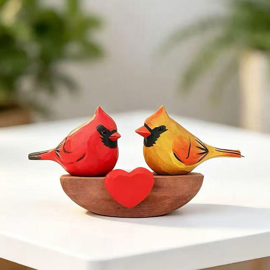 Xiyuelily Handmade Wooden Cardinal Figurines on Heart Base - Set of 3 Hand-Carved Male & Female Red Bird Statues - Romantic Couples Gift for Anniversary, Valentine's Day, Wedding & Home Decor Accents