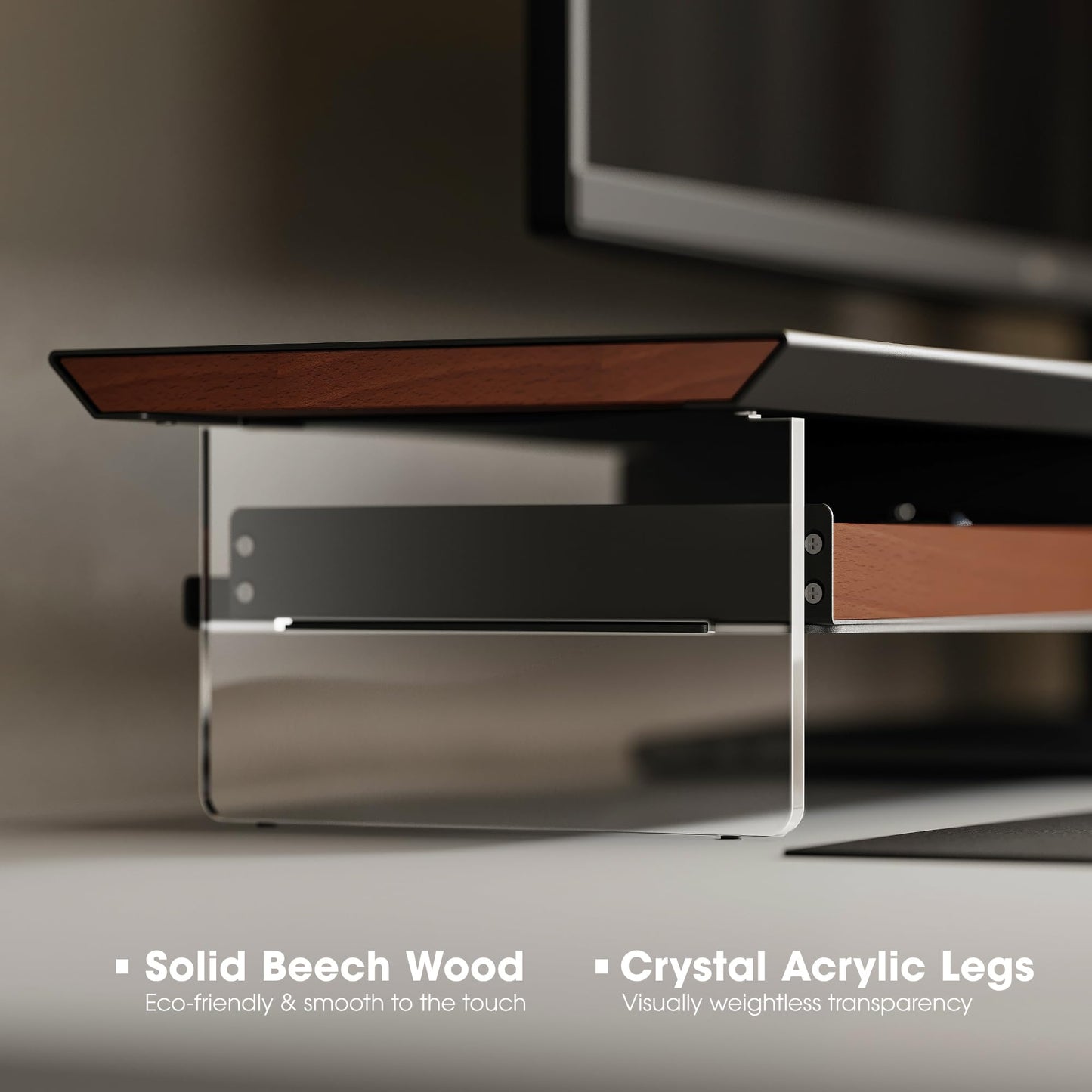 Fenge 42.5” Dual Monitor Stand Riser with 2 Felt-Lined Drawers, Aesthetic Metal and Wood Monitor Shelf with Acrylic Legs, 2-Tier Desk Organizer for 2 Monitors, Laptop, Printer, TV, Black
