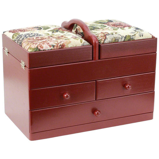 Classic Expanding Wood Sewing Box Basket Storage Caddy with tapestry padded lid, 2x3 Tiers with Easy Carrying Handle, Red