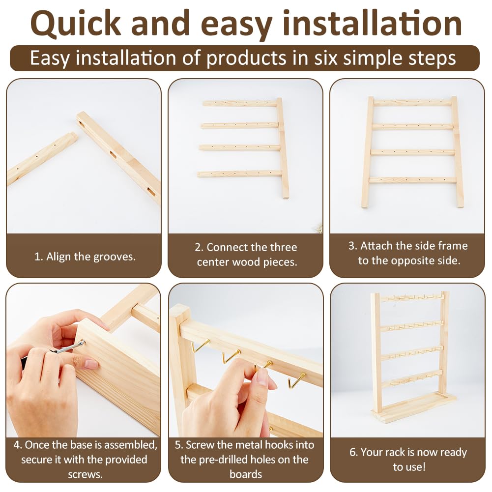 SUPERFINDINGS 4 Tier Wooden Earring Display Stand Keychain Display Stand with 24 Gold Hooks Rack Earring Cards Organizer with Trays for Retail Counter Home Entryway Keychain Necklace Bracelet
