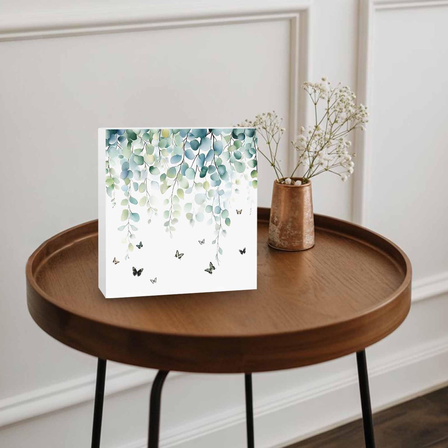 Wood Box Sign Desk Decor Sage Green Eucalyptus Leaves Butterfly Square Boxes Sign, Botanical Wooden Block Box Sign Decoration for Home Wall Tabletop Shelf Office Decor,6x6IN