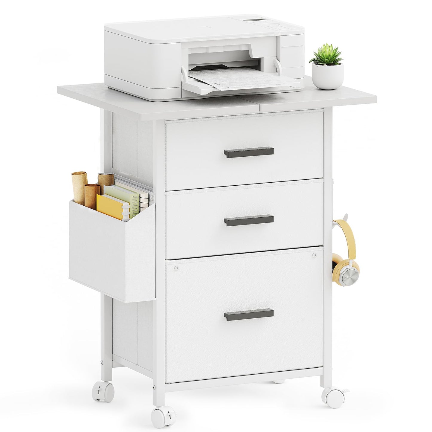 Mexin 3 Drawer File Cabinet with 22'' Extended Desktop, Mobile Filing Cabinet, Printer Stand, Rolling Printer Stand with Side Bag, Fabric Drawer, Fits A4 Size, Home Office, White