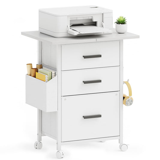 Mexin 3 Drawer File Cabinet with 22'' Extended Desktop, Mobile Filing Cabinet, Printer Stand, Rolling Printer Stand with Side Bag, Fabric Drawer, Fits A4 Size, Home Office, White
