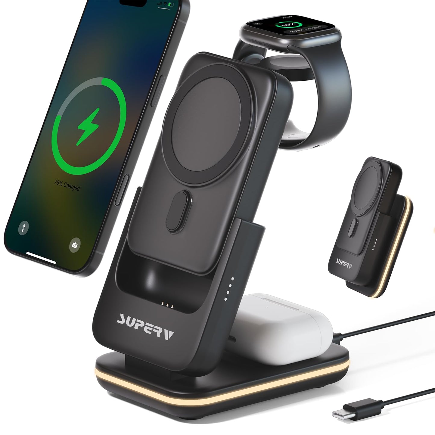 SUPERV 4 in 1 Wireless Charging Station: 5000mAh Removable Power Bank Foldable Charging Stand - Portable Magnetic Battery Pack for iPhone 17/16/15/14/13/12 Series and Apple Watch/AirPods (Black)