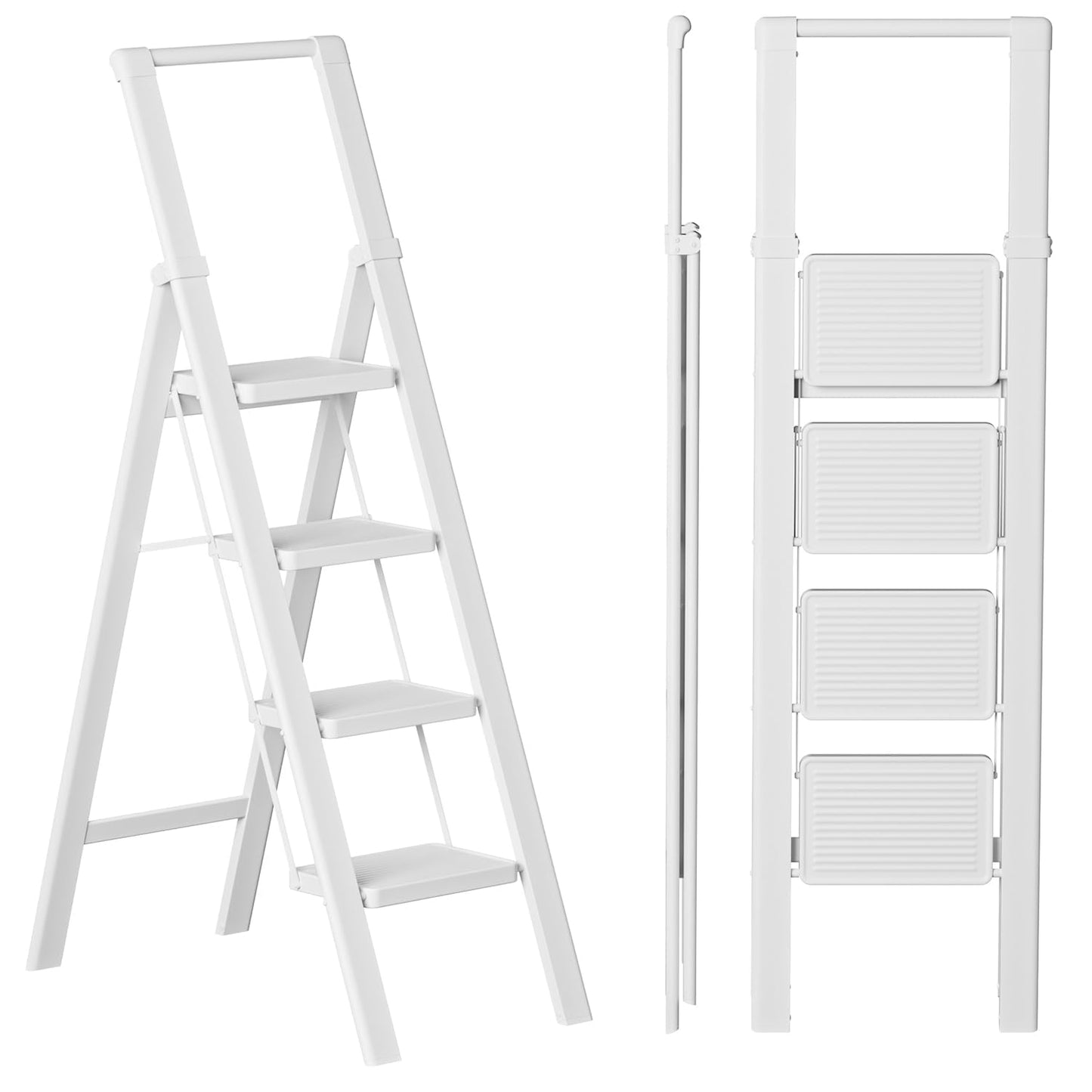 SOLADDER Step Ladder 4 Step Folding Stool with Anti-Slip Widened Sturdy Pedal and Handgrip, Portable and Multi-Use Iron Stepladder for Home, Kitchen, 300 lbs Capacity -Pure White