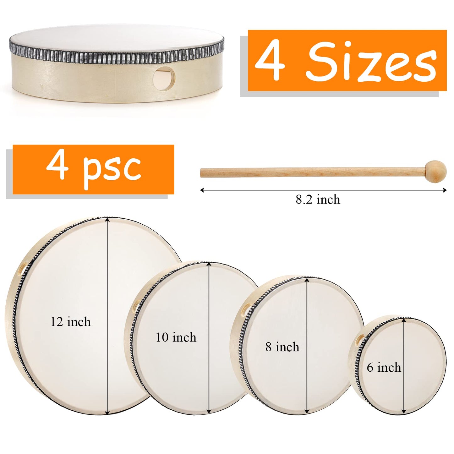 Foraineam 4 Pack Hand Drum 12 Inch 10 Inch 8 Inch 6 Inch Wood Drum Set Musical Percussion Instrument Wooden Frame Drum with Wooden Drum Sticks for Home Party Supplies